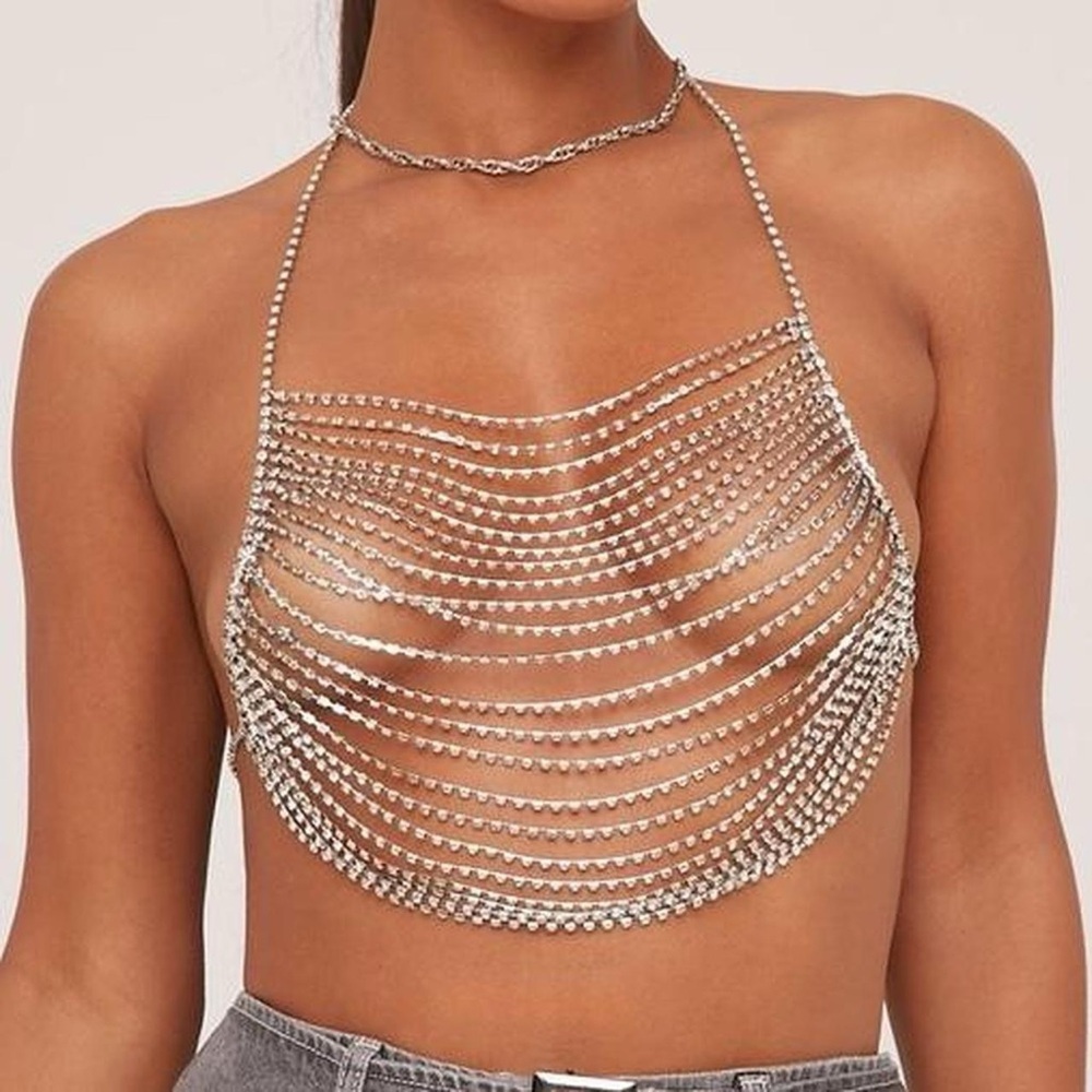 halterneck diamante detail layered crop top